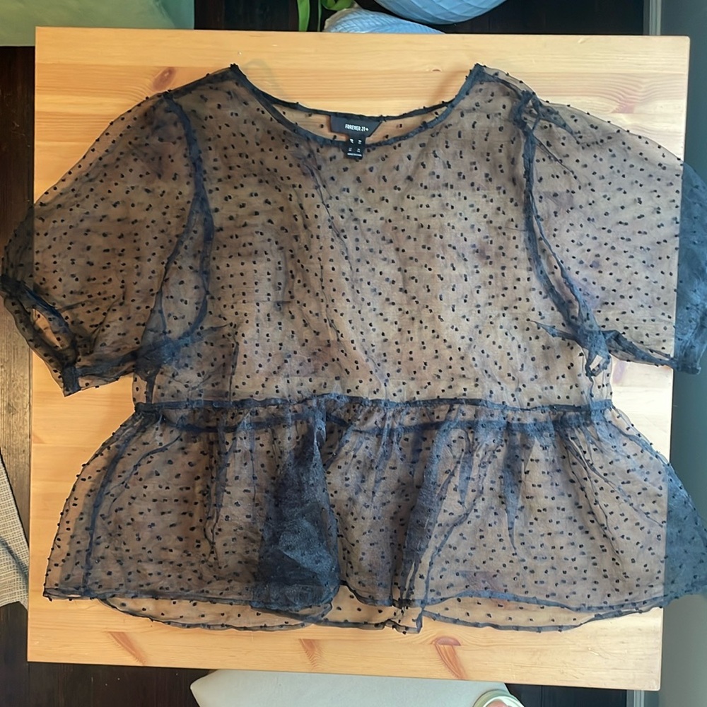 Forever 21 Black Plus Size 3x Sheer Mini Dot Puff Sleeve Shirt
